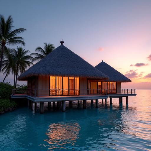 An overwater bungalow in the Maldives at sunset.
